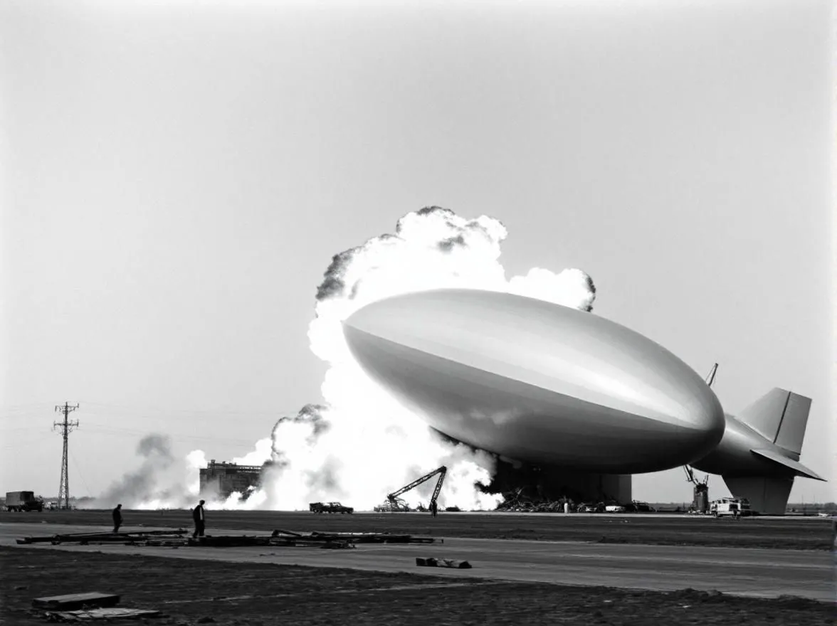 Hình ảnh được Fotor AI tạo ra mô phỏng vụ cháy khinh khí cầu Hindenburg, nhưng chiếc zeppelin vẫn còn nguyên vẹn dù bốc cháy.
