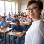 Hình ảnh giáo viên và học sinh với đôi mắt vô hồn, gợi ý hình ảnh được tạo bởi AI.