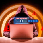 Hình ảnh hacker ngồi trước laptop với cửa sổ đăng nhập và các cảnh báo bảo mật, minh họa nguy cơ mã độc Winos4.0 tấn công máy tính.