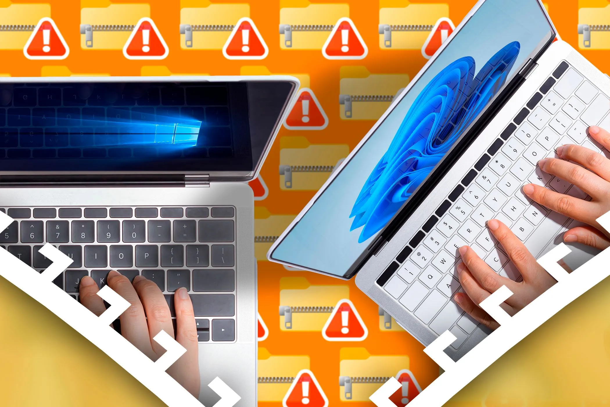 Hình ảnh hai laptop chạy Windows 10 và Windows 11 cùng biểu tượng tệp ZIP lỗi, minh họa rủi ro dữ liệu hỏng trong quá trình sao lưu và tầm quan trọng của việc kiểm tra backup.