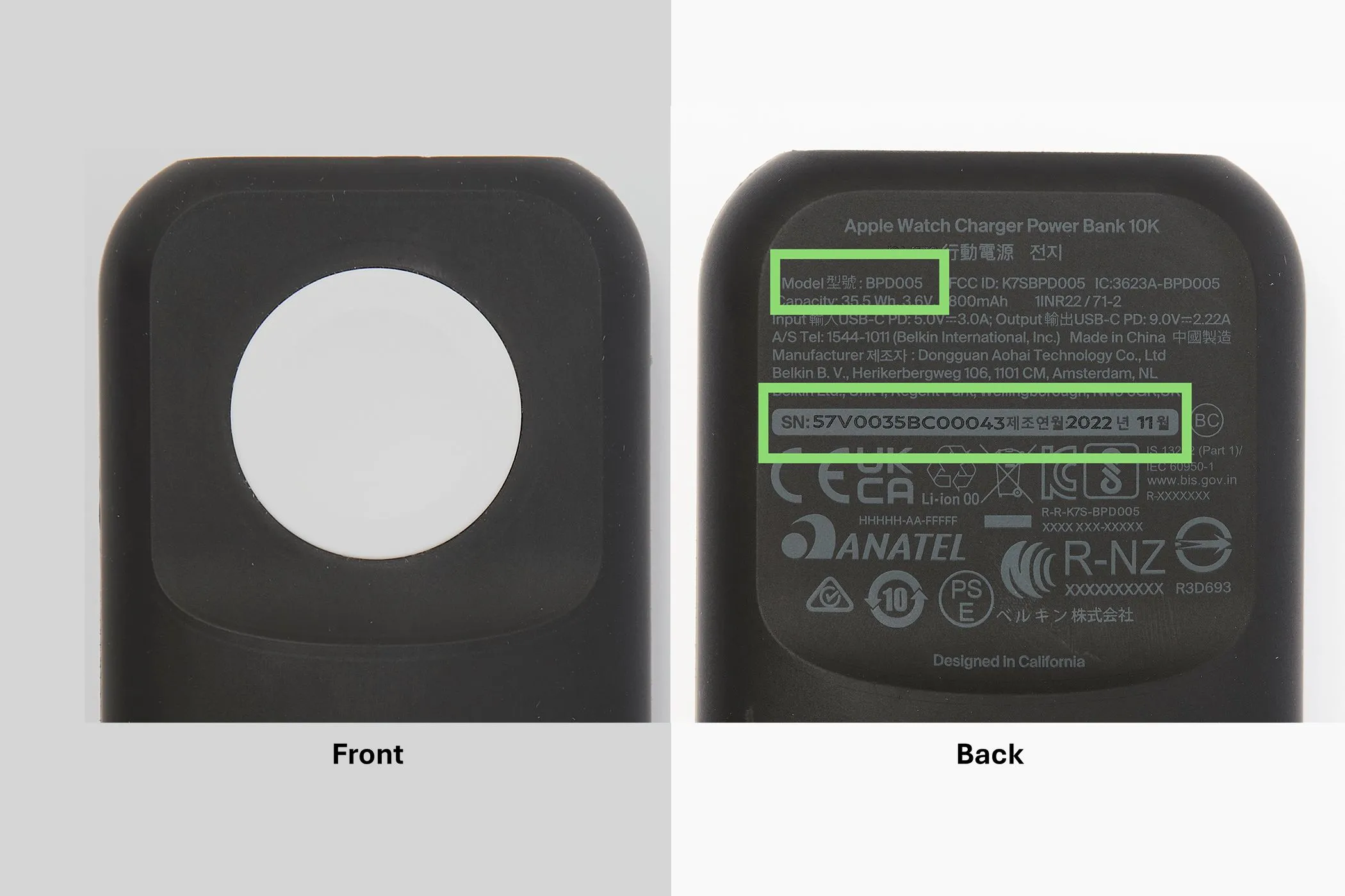 Hình ảnh mặt trước và mặt sau của sạc dự phòng Belkin BoostCharge Pro Fast Wireless Charger 10K, mẫu BPD005 bị thu hồi.