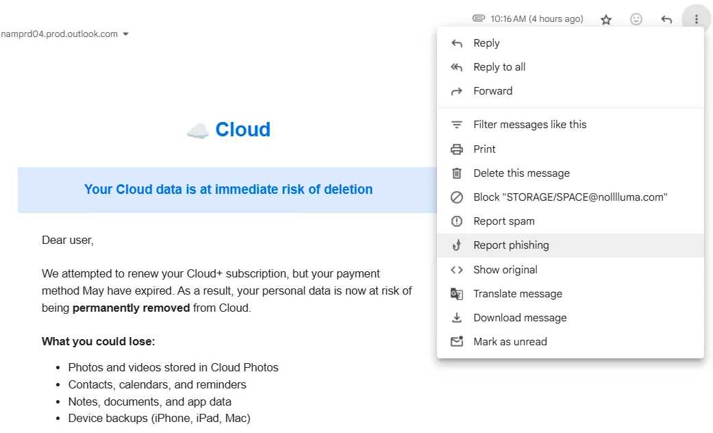 Hình ảnh minh họa cách báo cáo email lừa đảo (phishing) trong giao diện Gmail