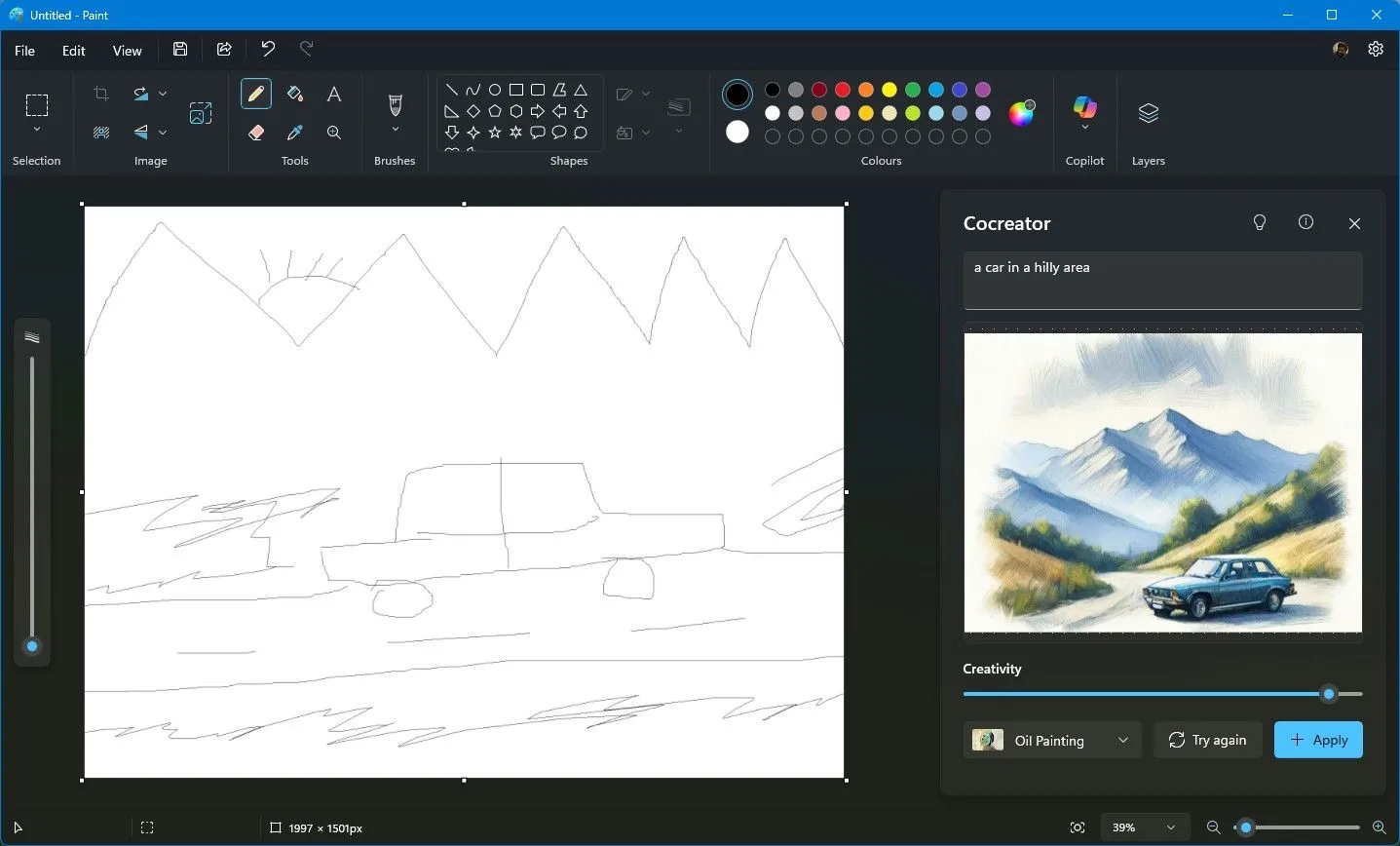 Hình ảnh minh họa tính năng Cocreator trong Microsoft Paint, biến phác thảo thành tác phẩm nghệ thuật hoàn chỉnh.