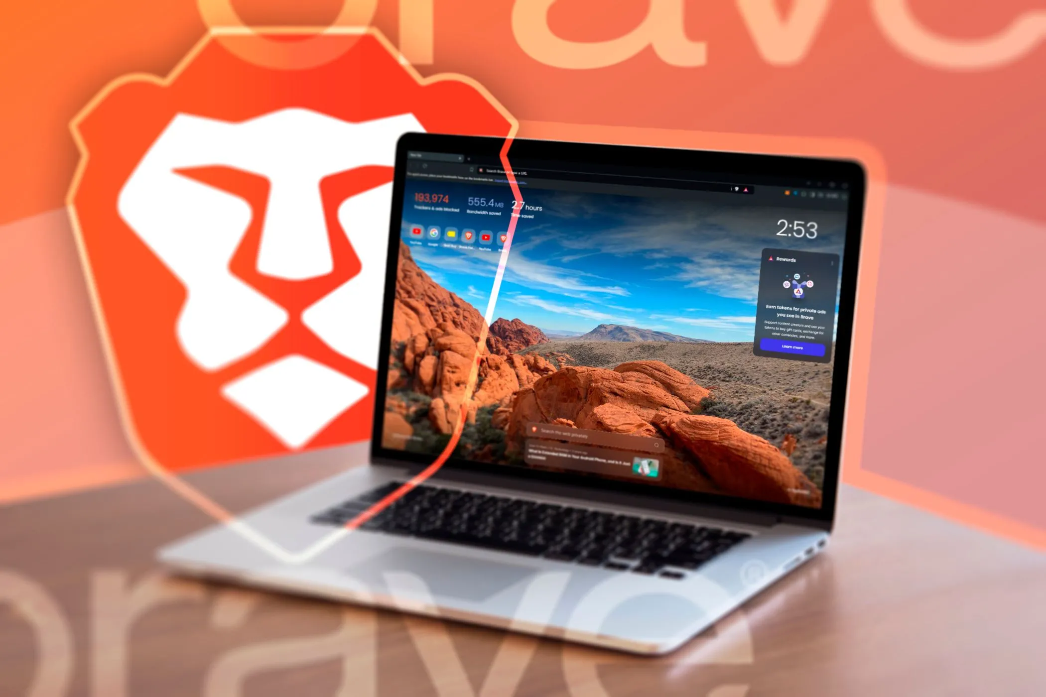 Hình ảnh một chiếc laptop hiển thị trình duyệt Brave đang mở cùng với biểu tượng Brave ở hậu cảnh, minh họa sự tập trung vào quyền riêng tư.