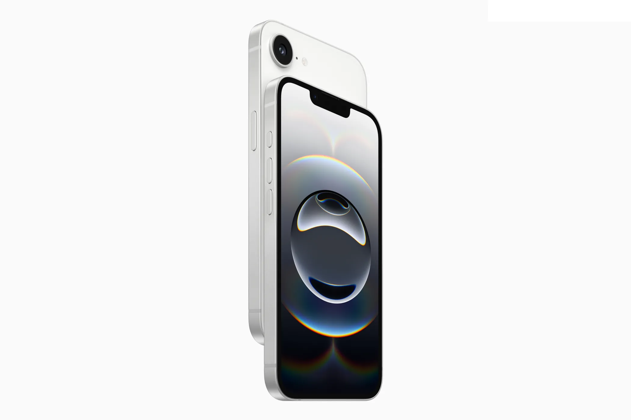 Hình ảnh sản phẩm iPhone 16e màu trắng hiển thị thiết kế màn hình với phần notch (tai thỏ) đặc trưng.