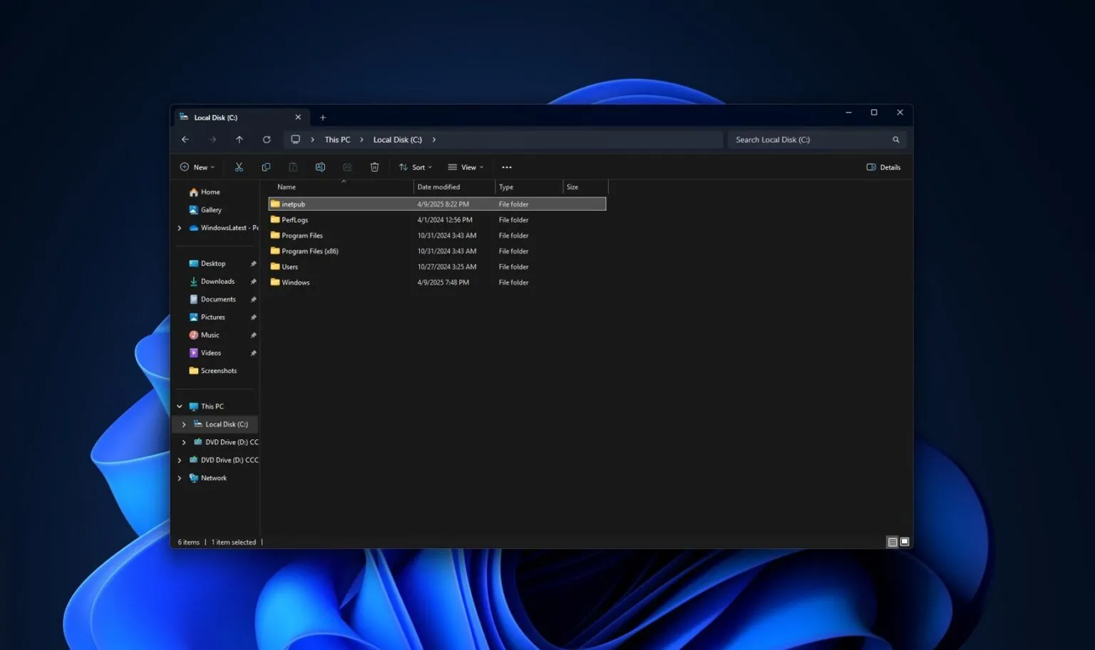 Hình ảnh thư mục inetpub bí ẩn xuất hiện trên ổ C của Windows 11 sau cập nhật tháng 4 năm 2025