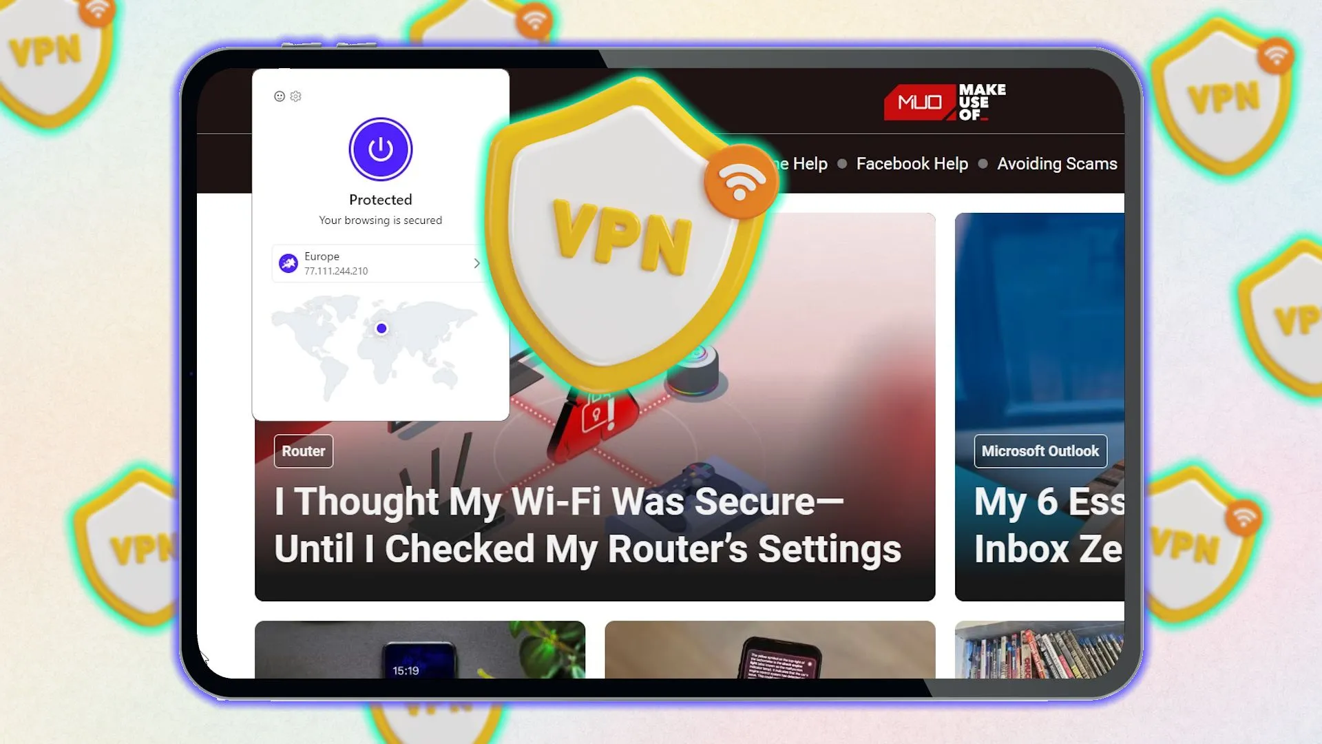 Hình ảnh trừu tượng biểu tượng VPN trên màn hình máy tính bảng, minh họa tính năng VPN tích hợp trong Vivaldi