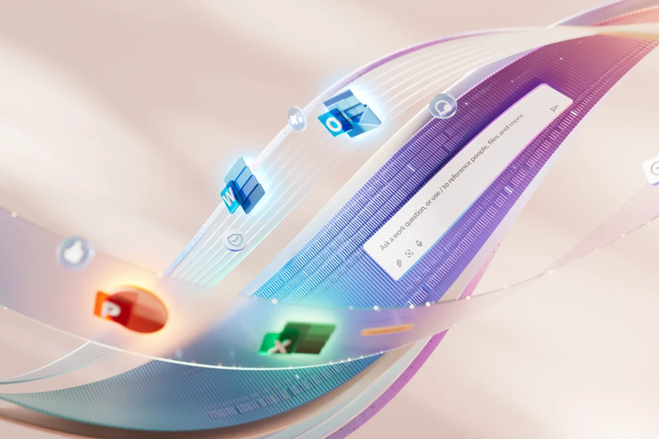 Hình minh họa các ứng dụng Microsoft 365 và cửa sổ Copilot, thể hiện hệ sinh thái Microsoft Office có quảng cáo trong bản miễn phí.