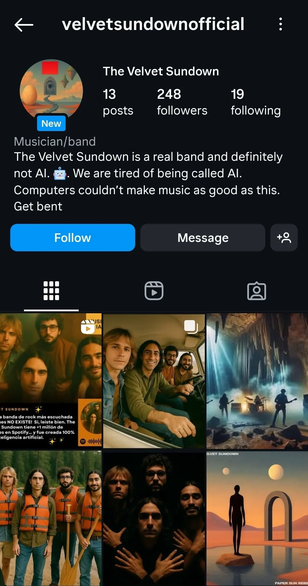 Hồ sơ Instagram của The Velvet Sundown, nhóm nhạc được tạo bởi AI với thông tin cá nhân hạn chế.