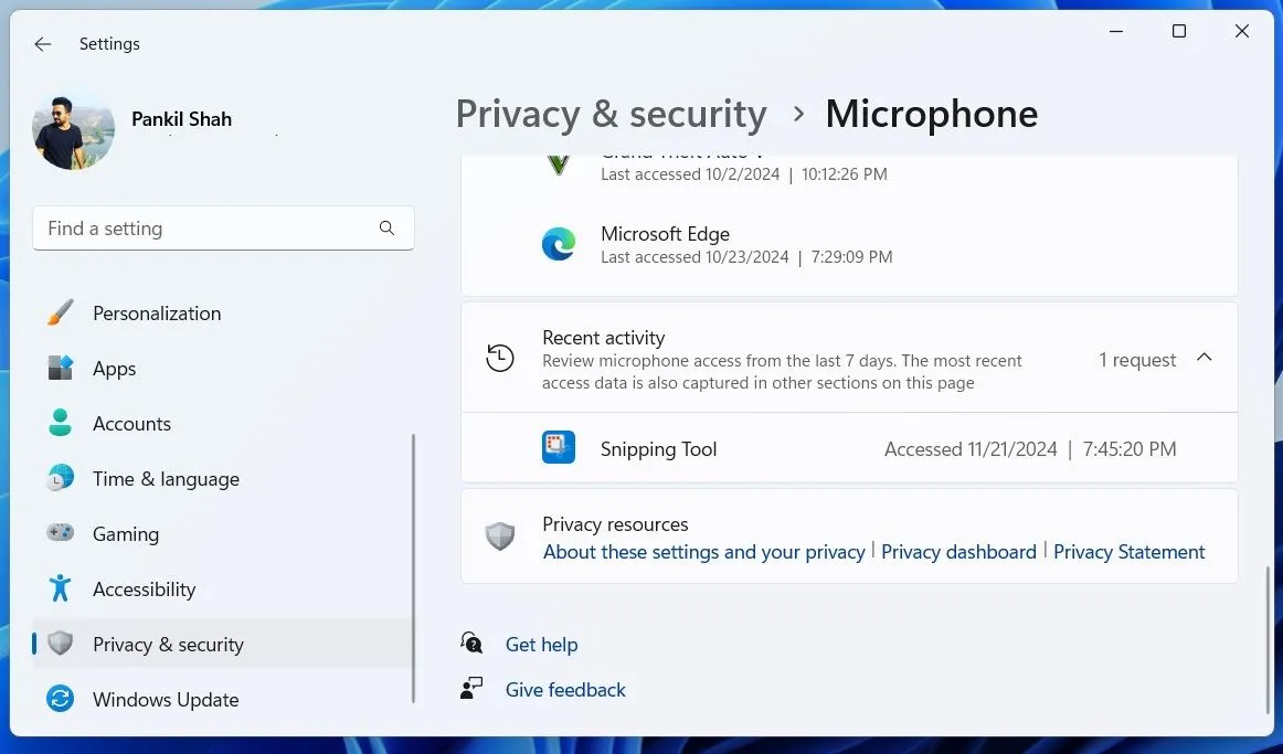 Hoạt động microphone gần đây trong cài đặt quyền riêng tư của Windows 11