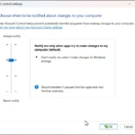 Hộp thoại cài đặt User Account Control (UAC) trên Windows 11 với các mức độ bảo mật khác nhau