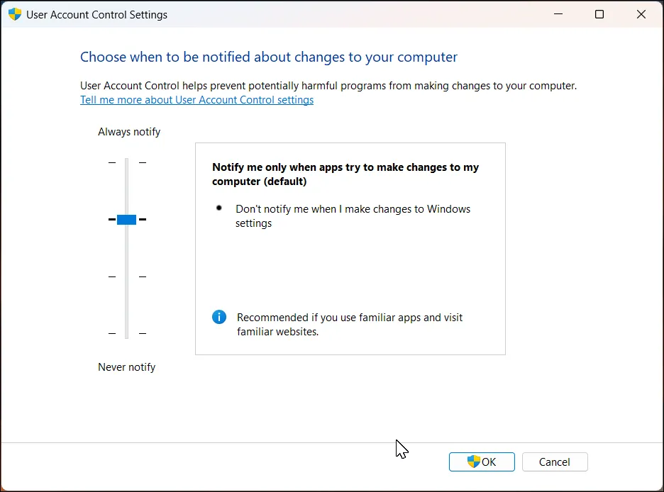 Hộp thoại cài đặt User Account Control (UAC) trên Windows 11 với các mức độ bảo mật khác nhau