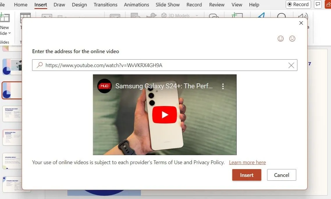 Hộp thoại chèn video online trong PowerPoint hiển thị trường nhập URL video YouTube