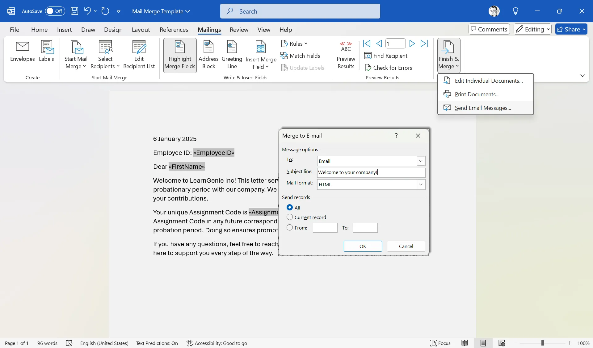 Hộp thoại Gộp vào Email (Merge to Email) trong Microsoft Word, cho phép cấu hình người nhận, chủ đề và định dạng trước khi gửi qua Outlook