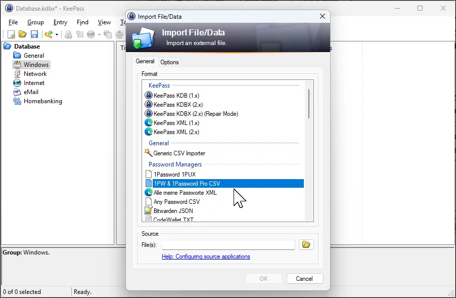 Hộp thoại nhập dữ liệu vào KeePass, cho phép chọn định dạng tệp để chuyển đổi mật khẩu từ các trình quản lý khác như 1Password.