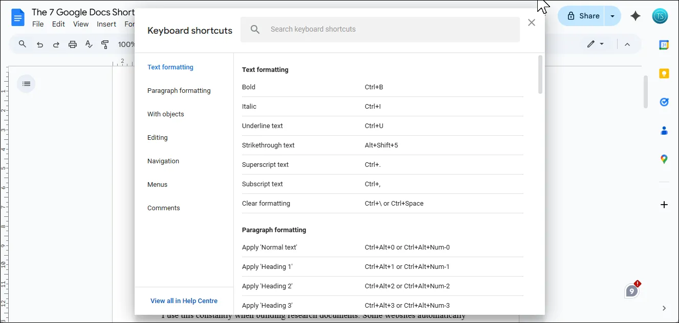 Hộp thoại &quot;Phím tắt&quot; trong Google Docs hiển thị danh sách các phím tắt theo danh mục và thanh tìm kiếm.