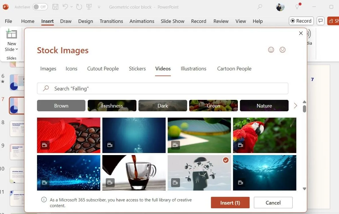Hộp thoại Stock Images trong PowerPoint hiển thị thư viện video stock có sẵn và nút Insert
