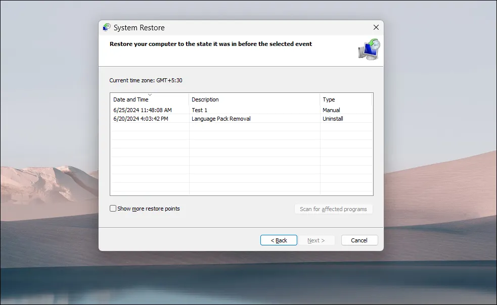 Hộp thoại System Restore hiển thị danh sách các điểm khôi phục hệ thống có sẵn trên Windows 11.