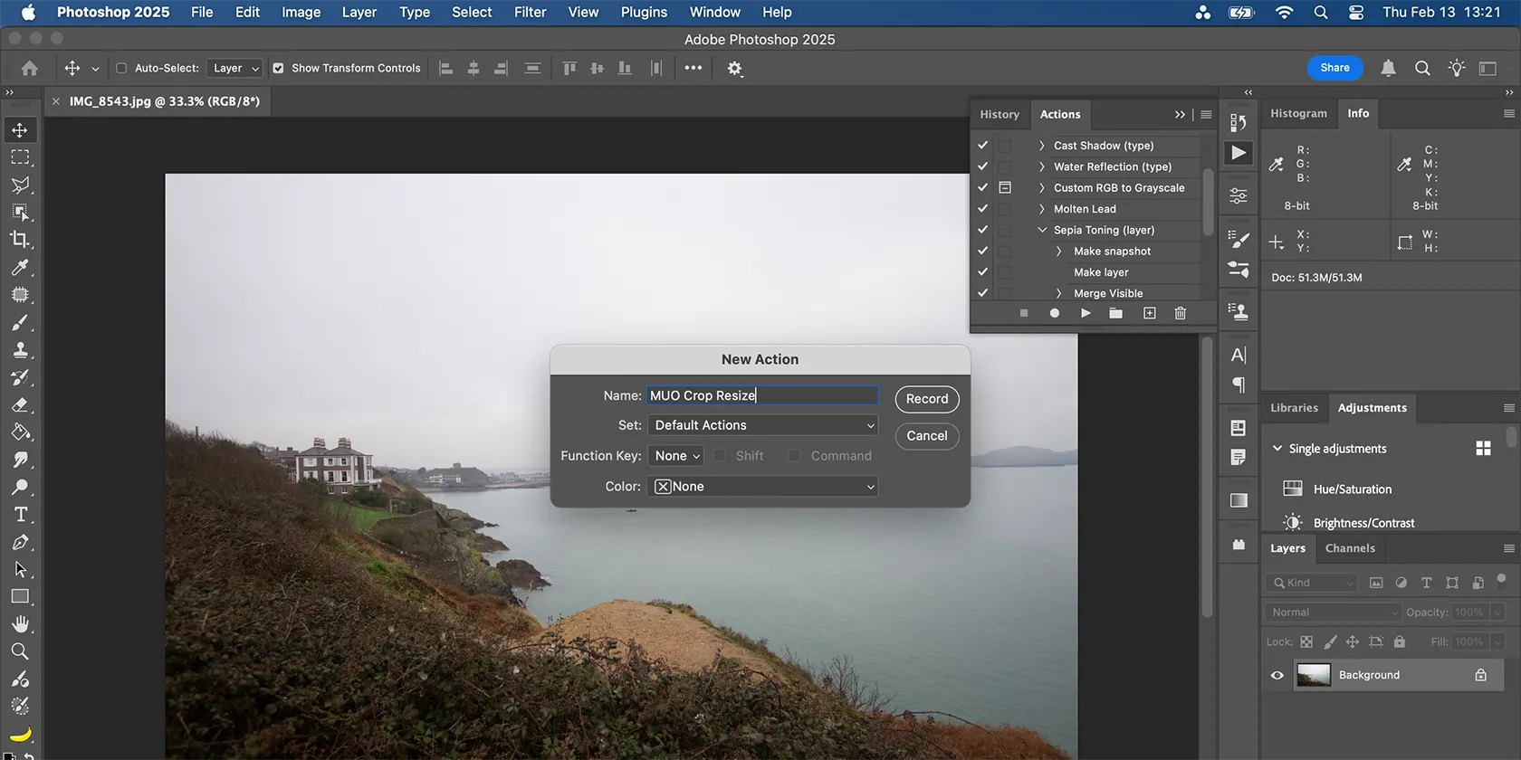 Hộp thoại tạo Action mới trong Photoshop, cho phép đặt tên và tùy chỉnh cài đặt