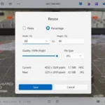 Hộp thoại thay đổi kích thước ảnh trong ứng dụng Photos Windows 11 với các tùy chọn tỷ lệ phần trăm và kích thước pixel