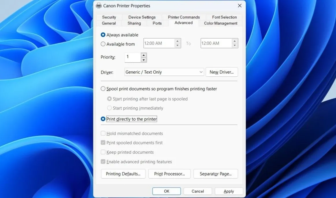 Hộp thoại Thuộc tính Máy in trên Windows với tùy chọn in trực tiếp