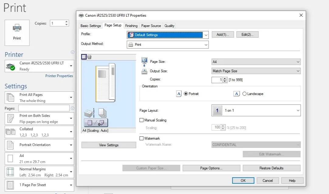 Hộp thoại Thuộc tính Máy in trong Microsoft Word điều chỉnh tỷ lệ thu phóng