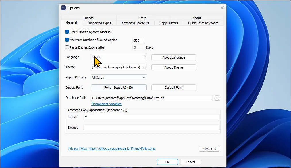 Hộp thoại tùy chọn của Ditto Clipboard Manager trên Windows 11, hiển thị các cài đặt nâng cao cho quản lý lịch sử sao chép.
