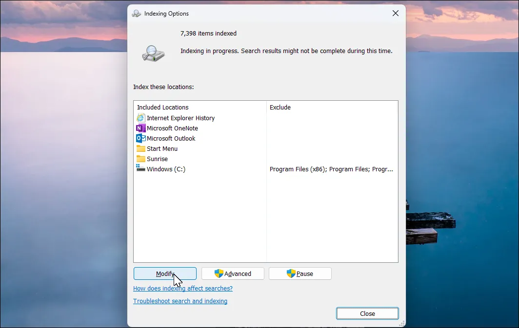 Hộp thoại Tùy chọn Lập chỉ mục (Indexing Options) trên Windows 11, nơi cấu hình để tăng tốc tìm kiếm tệp.