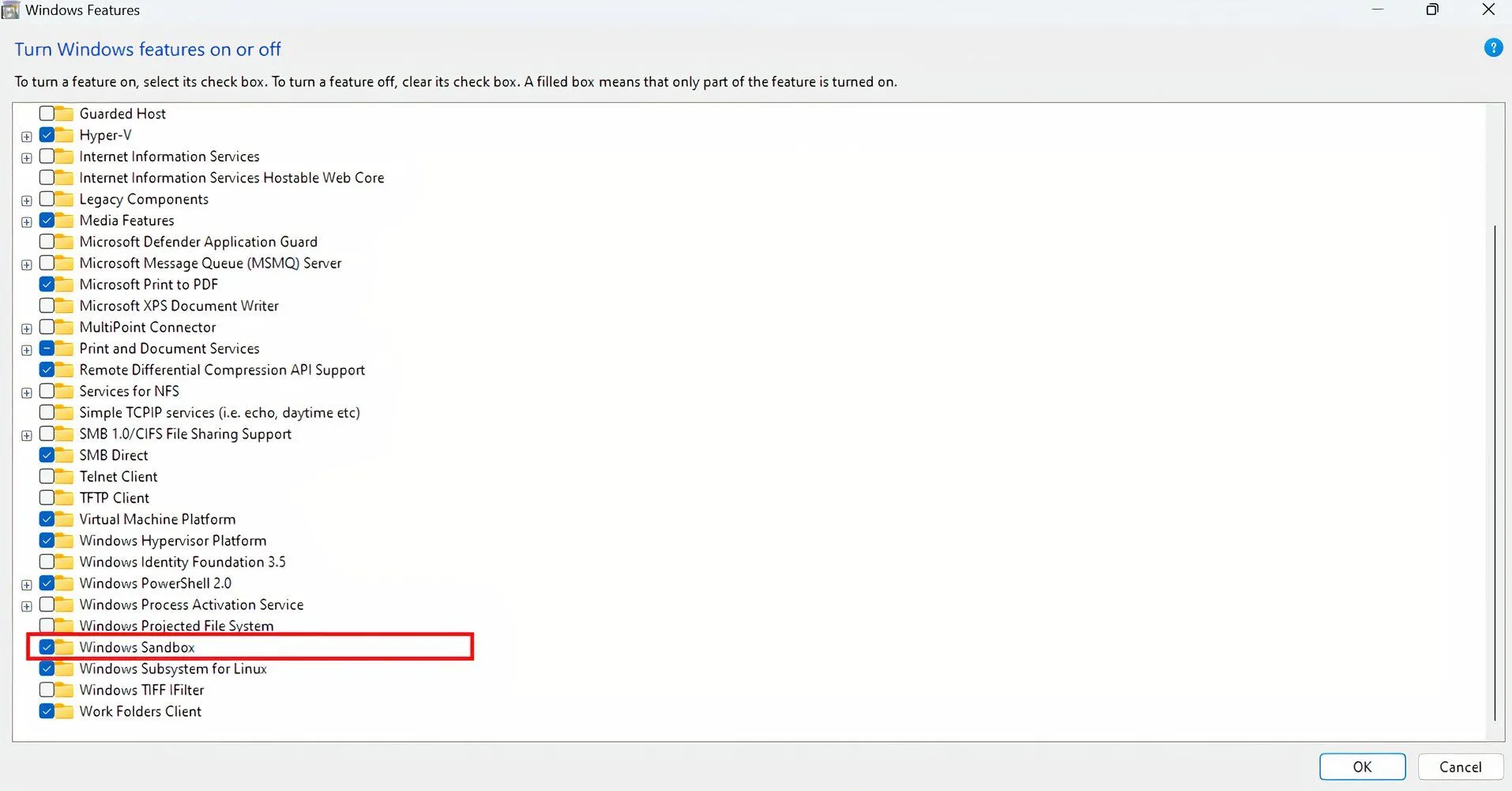 Hộp thoại Windows Features hiển thị tùy chọn Windows Sandbox để kích hoạt tính năng.