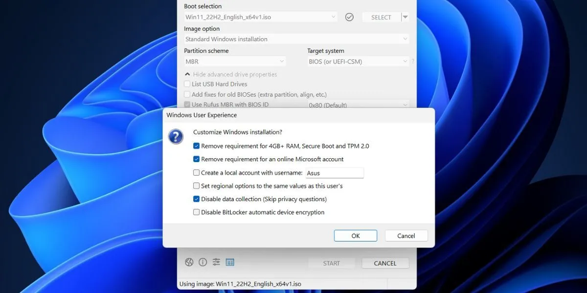 Hộp thoại Windows User Experience của Rufus cho phép loại bỏ yêu cầu TPM 2.0, Secure Boot, RAM và tài khoản Microsoft
