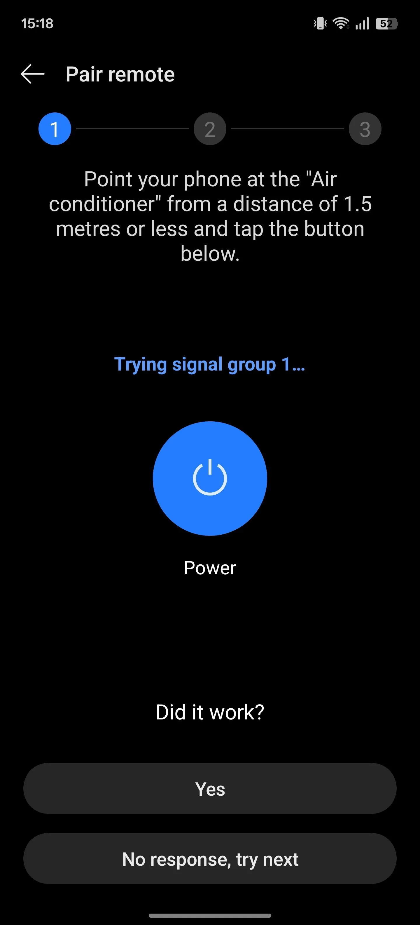 Hộp thoại xác nhận tín hiệu kiểm tra thành công trên ứng dụng IR Remote của OnePlus