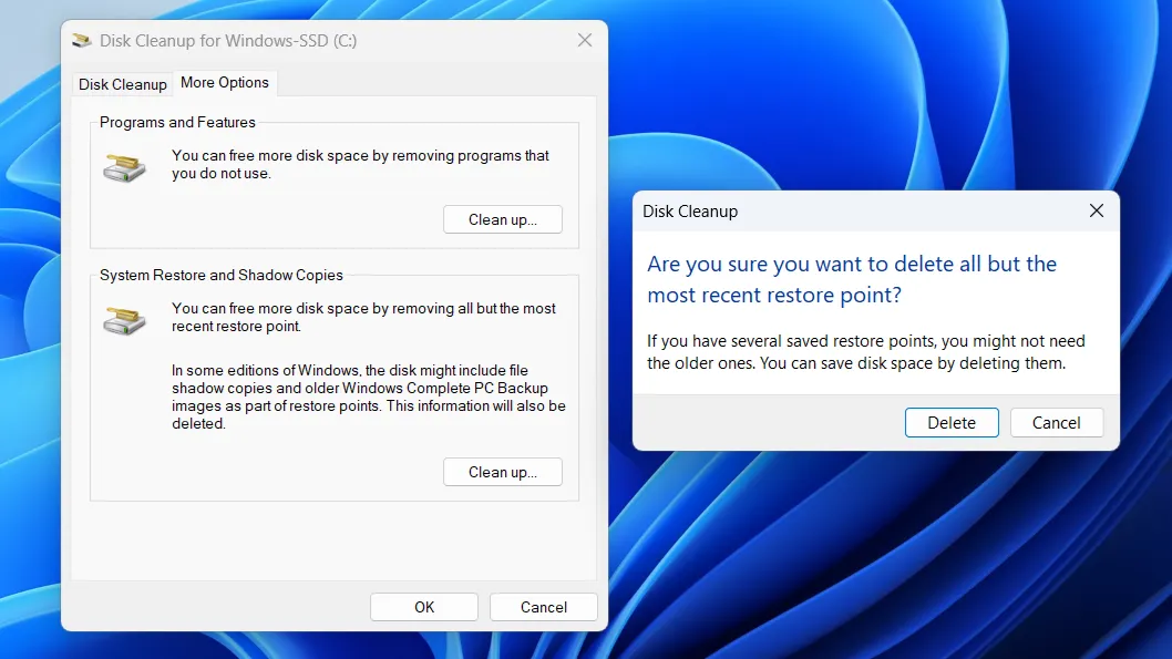 Hộp thoại xác nhận xóa các điểm khôi phục hệ thống (Restore Points) cũ trên Windows