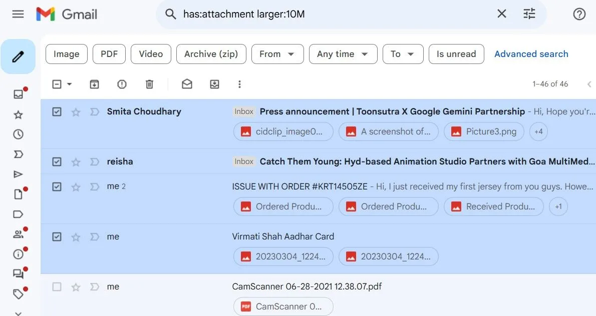 Hộp thư Gmail hiển thị kết quả tìm kiếm các email có tệp đính kèm lớn, minh họa cách lọc và dọn dẹp để tiết kiệm dung lượng lưu trữ.