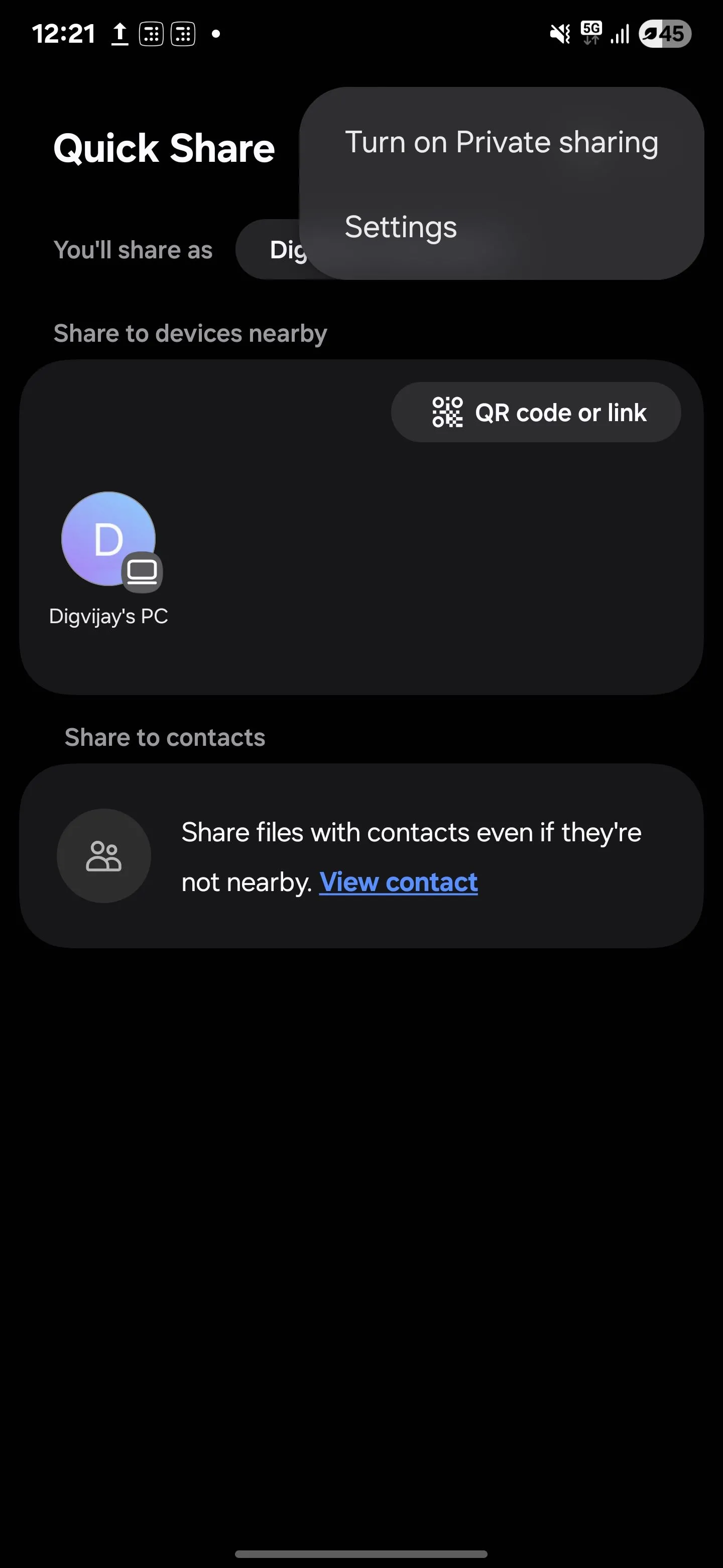 Hướng dẫn bật tính năng chia sẻ riêng tư (Private Sharing) trong ứng dụng Quick Share trên điện thoại Samsung.