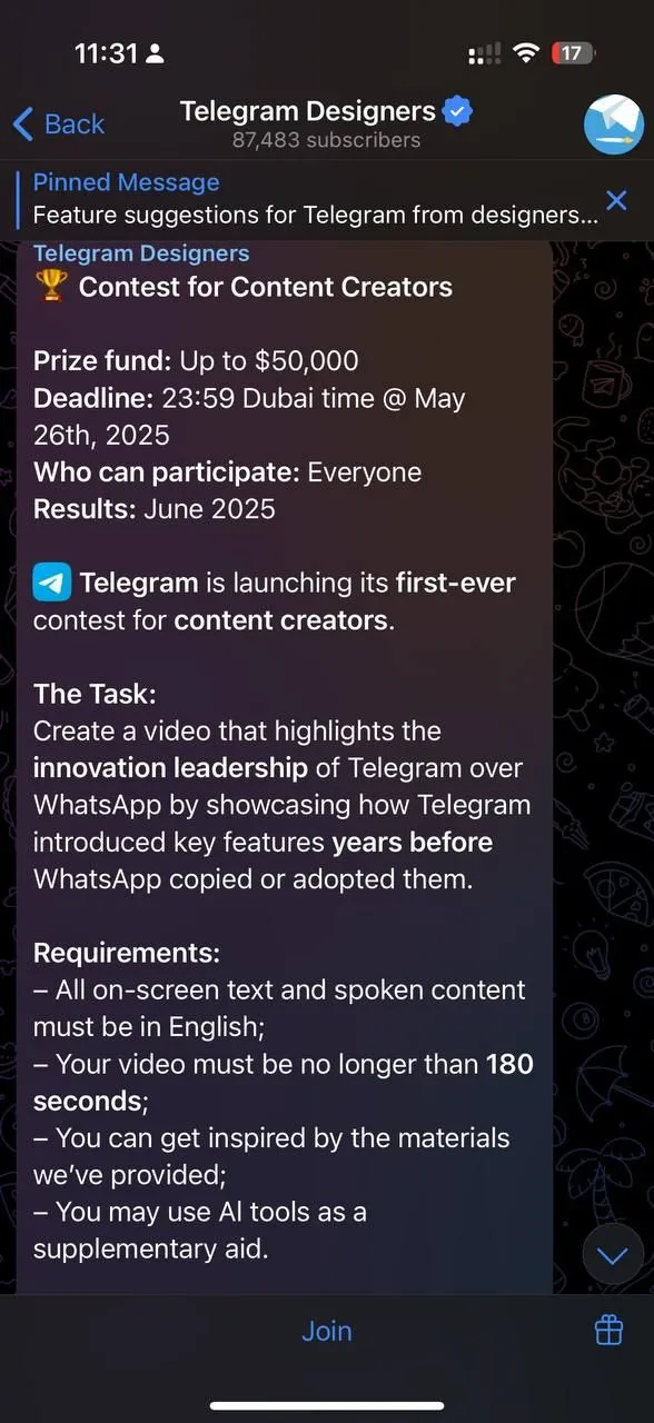 Hướng dẫn chi tiết cuộc thi "dìm hàng" WhatsApp của Telegram trên kênh chính thức