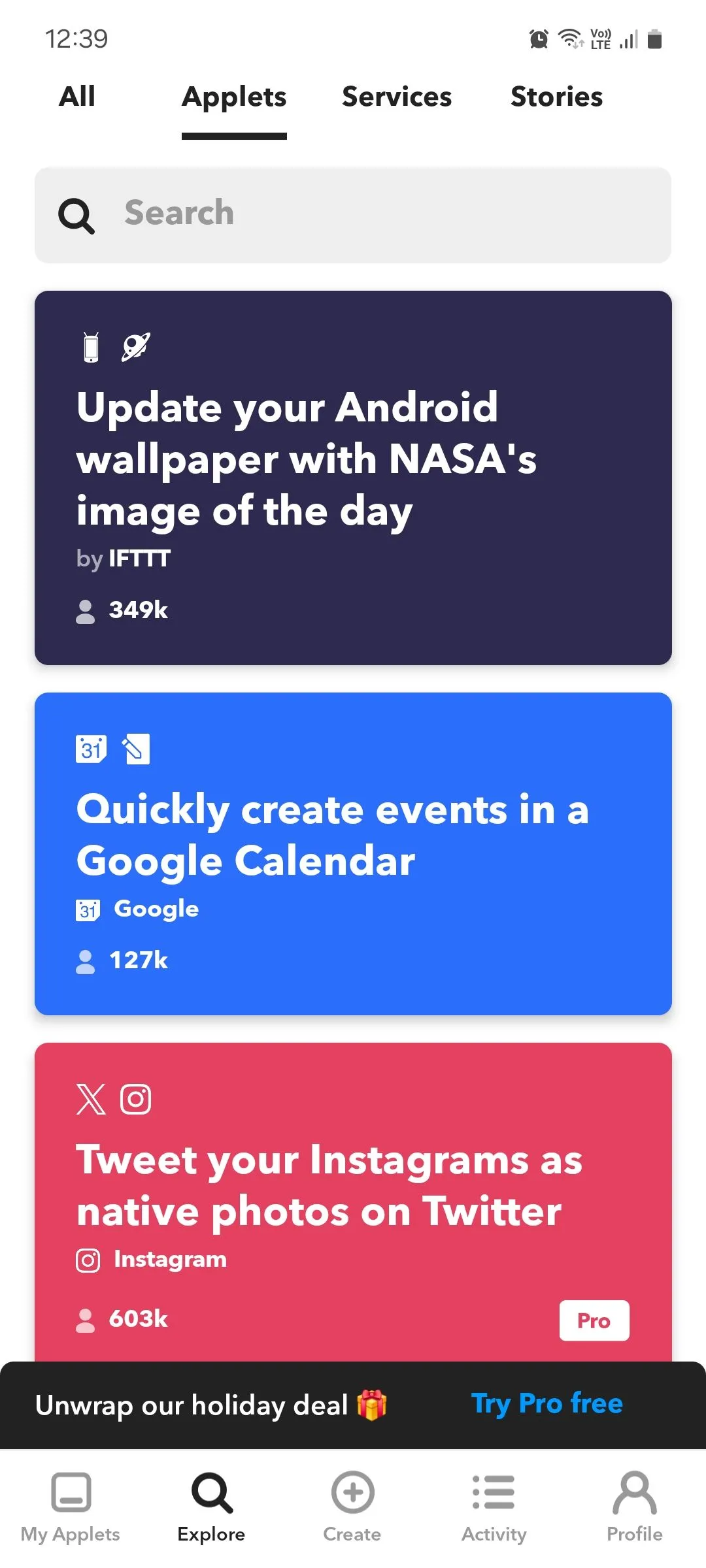 IFTTT giao diện đề xuất applet tự động hóa