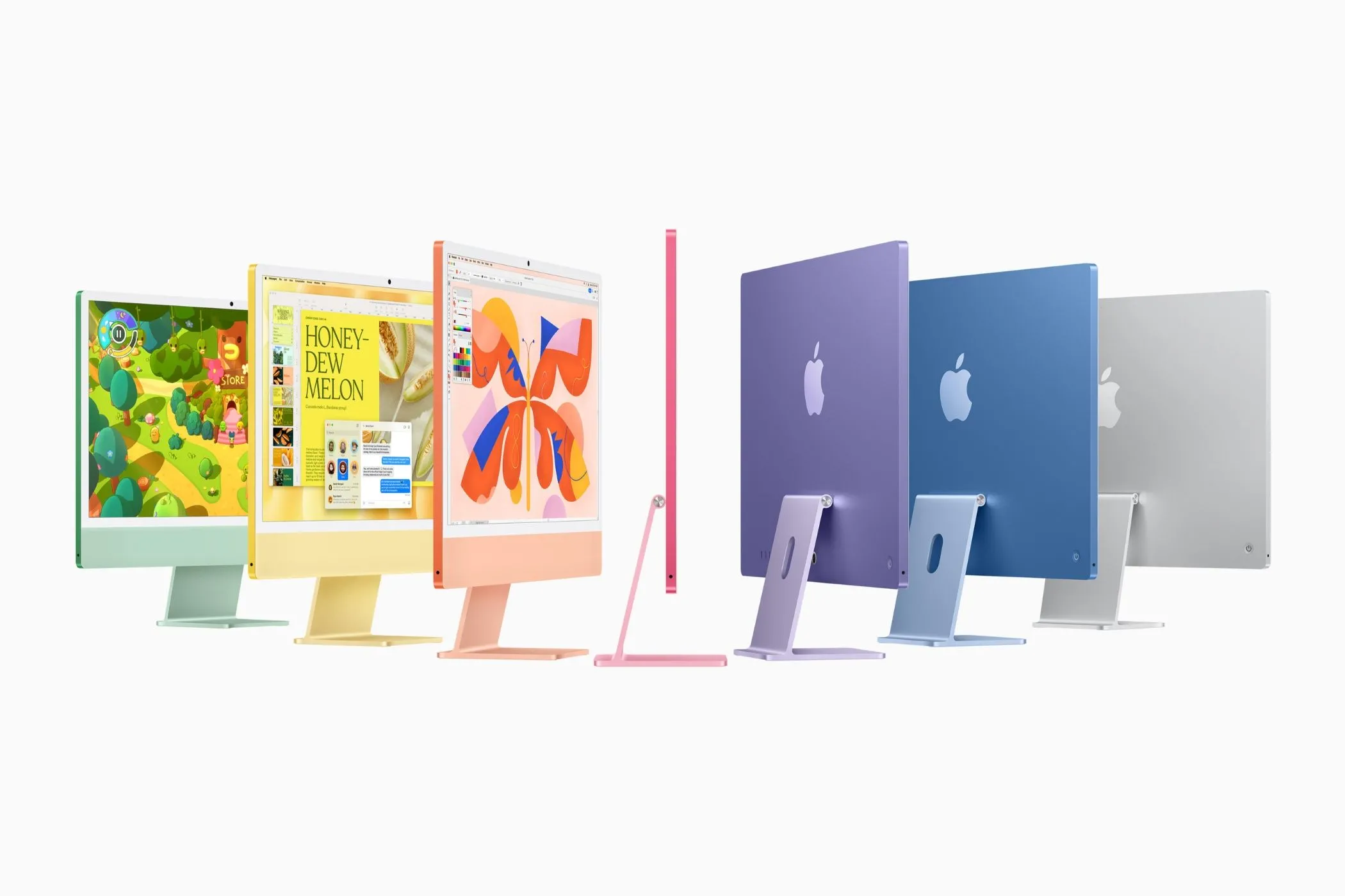 iMac 2024 với nhiều tùy chọn màu sắc rực rỡ, thể hiện sự đa dạng về thiết kế và cấu hình đơn giản của dòng máy tính All-in-One của Apple.