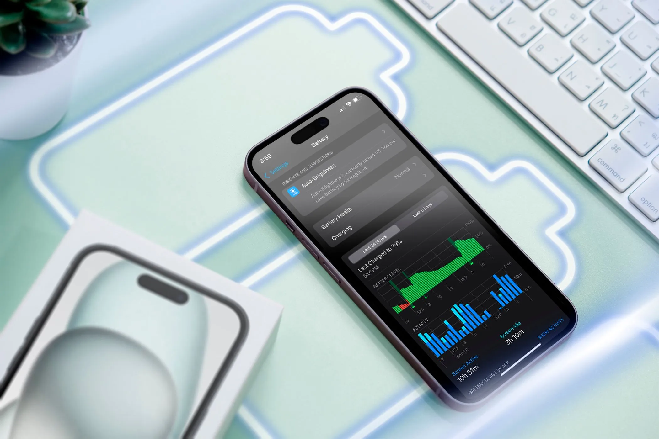 iPhone hiển thị biểu tượng pin và mức sử dụng pin, minh họa cơ chế quản lý hiệu suất điện thoại.