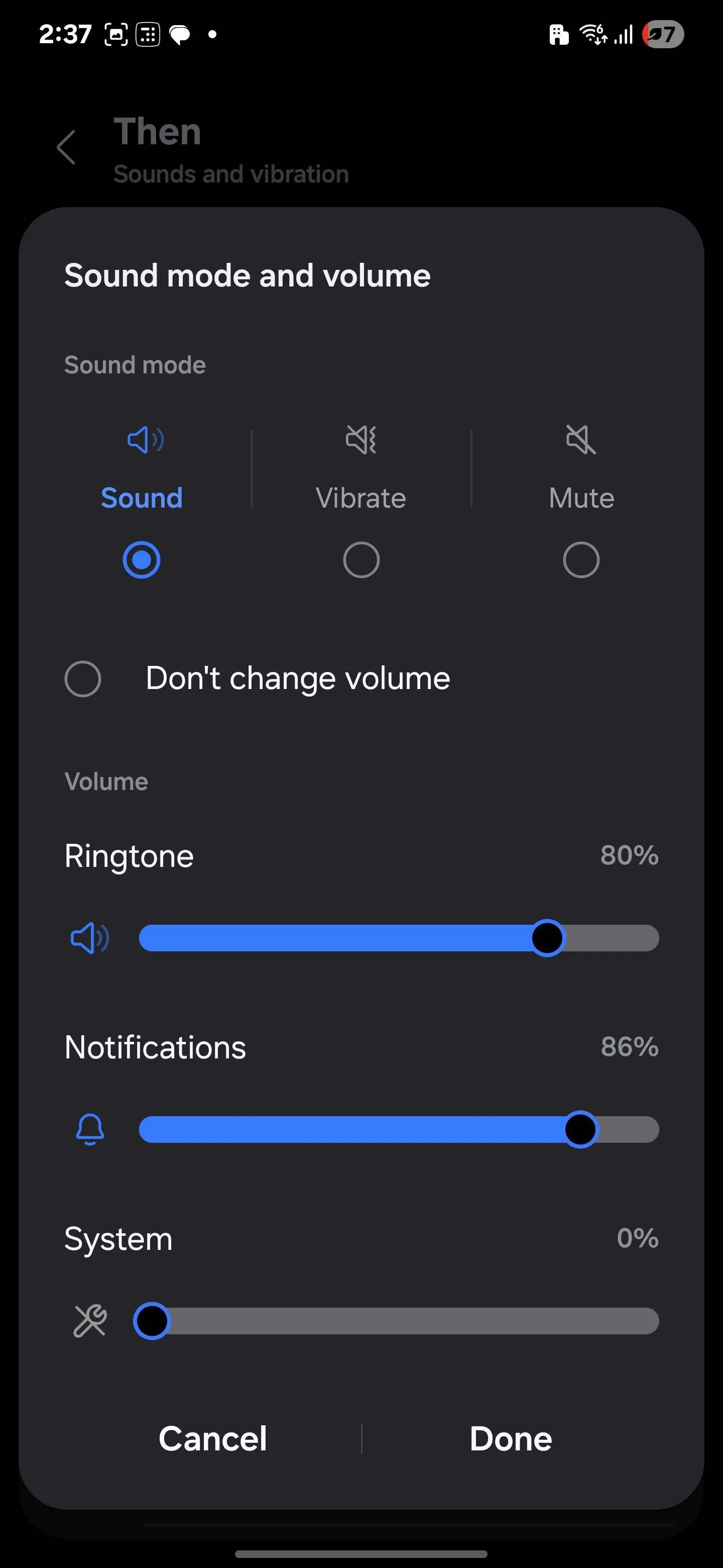 Kéo thanh trượt âm thanh hệ thống về 0% để tắt âm chụp ảnh trong Modes and Routines