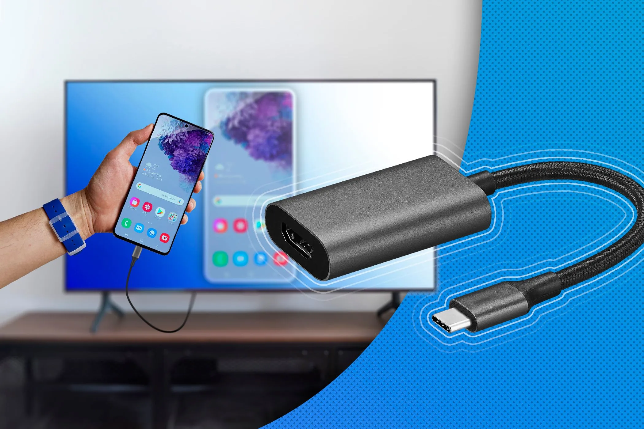 Kết nối điện thoại thông minh với màn hình máy tính bằng bộ chuyển đổi USB-C sang HDMI để chiếu màn hình.