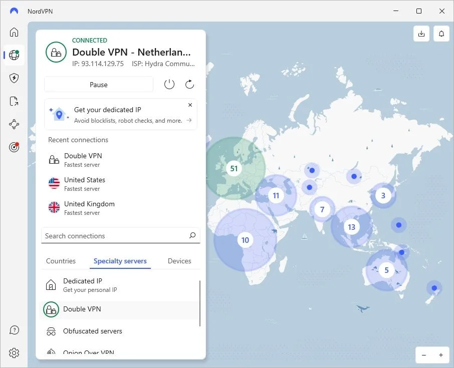 Kết nối VPN đôi của NordVPN đã được kích hoạt để tăng cường bảo mật