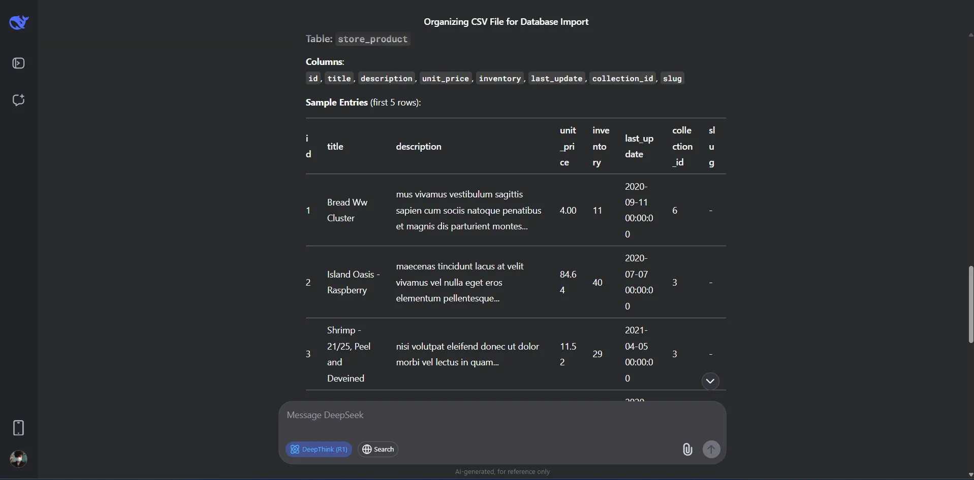 Kết quả DeepSeek tổ chức dữ liệu cấu trúc thành bảng rõ ràng