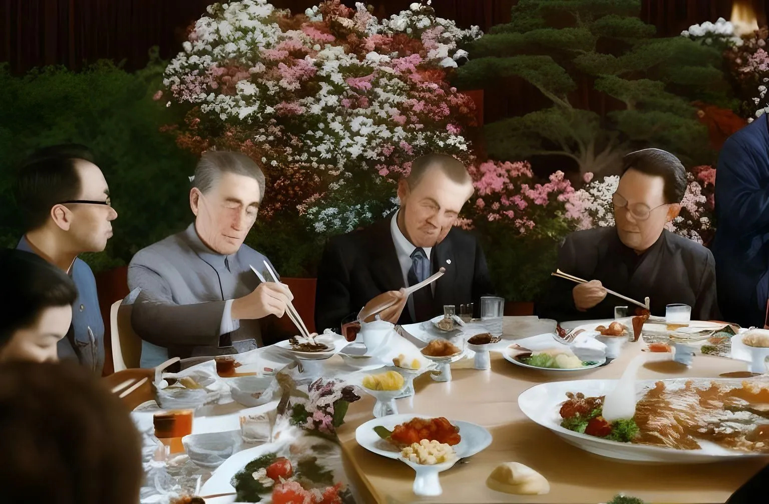 Kết quả Fotor AI image-to-image cho ảnh &quot;Nixon in China&quot;, bố cục tương đồng nhưng chất lượng và chi tiết khuôn mặt bị giảm đáng kể.