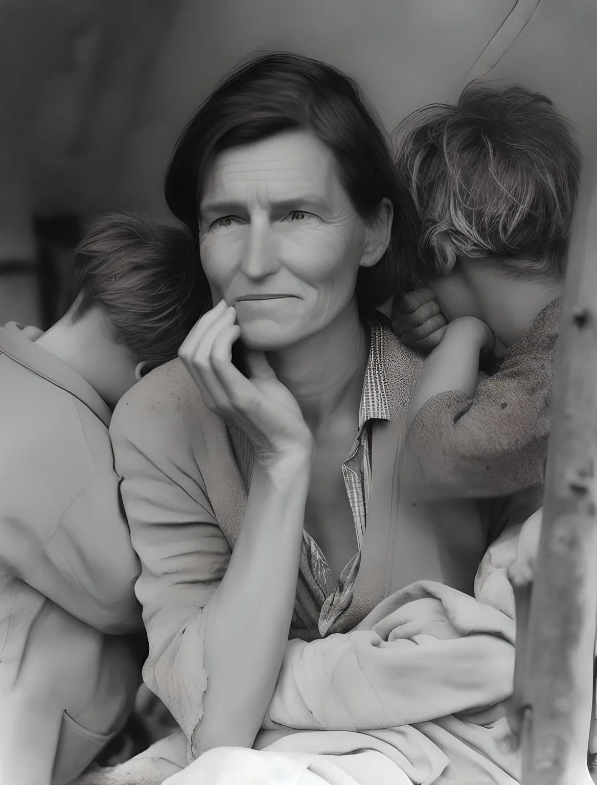 Kết quả Fotor AI khi sử dụng chế độ image-to-image cho bức &quot;Migrant Mother&quot;, bố cục gần giống nhưng chất lượng hình ảnh bị giảm.