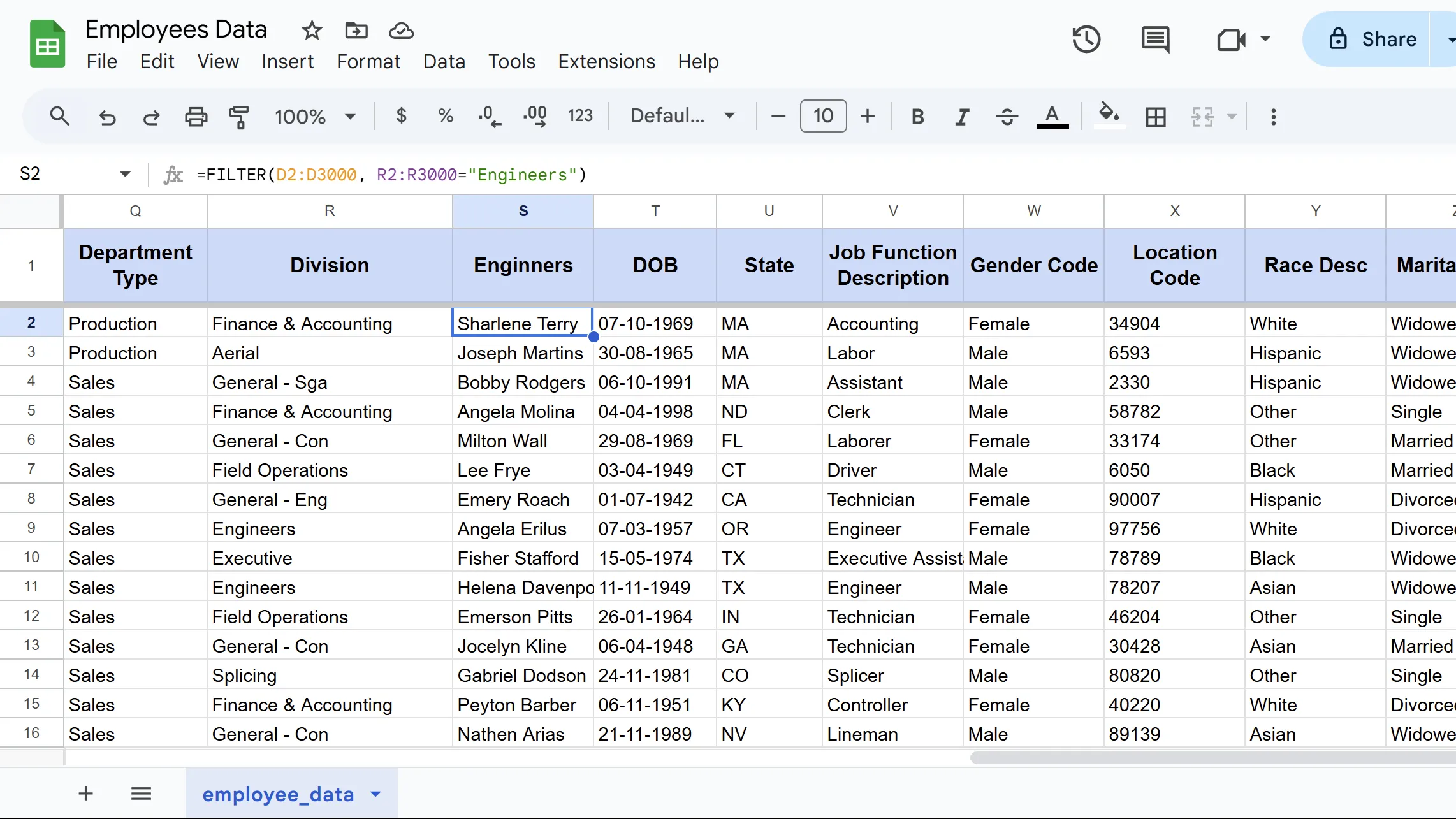 Kết quả hàm FILTER trong Google Sheets minh họa lọc dữ liệu chỉ hiển thị nhân viên thuộc phòng ban &quot;Engineers&quot; từ cột D.
