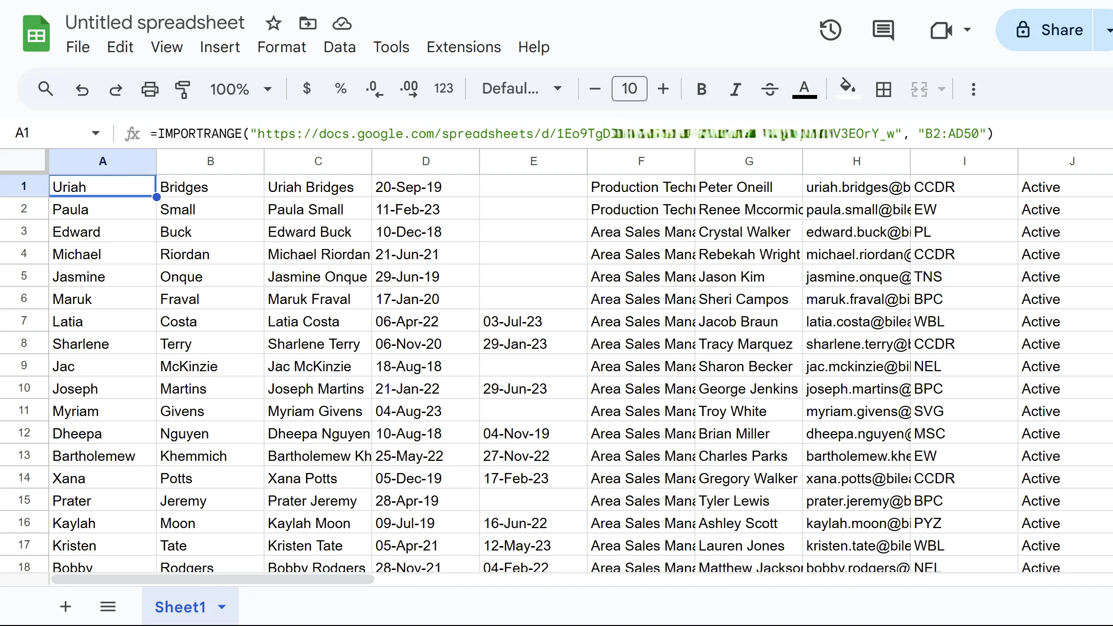 Kết quả hàm IMPORTRANGE trong Google Sheets minh họa nhập dữ liệu từ một bảng tính khác thông qua URL và dải ô được chỉ định.