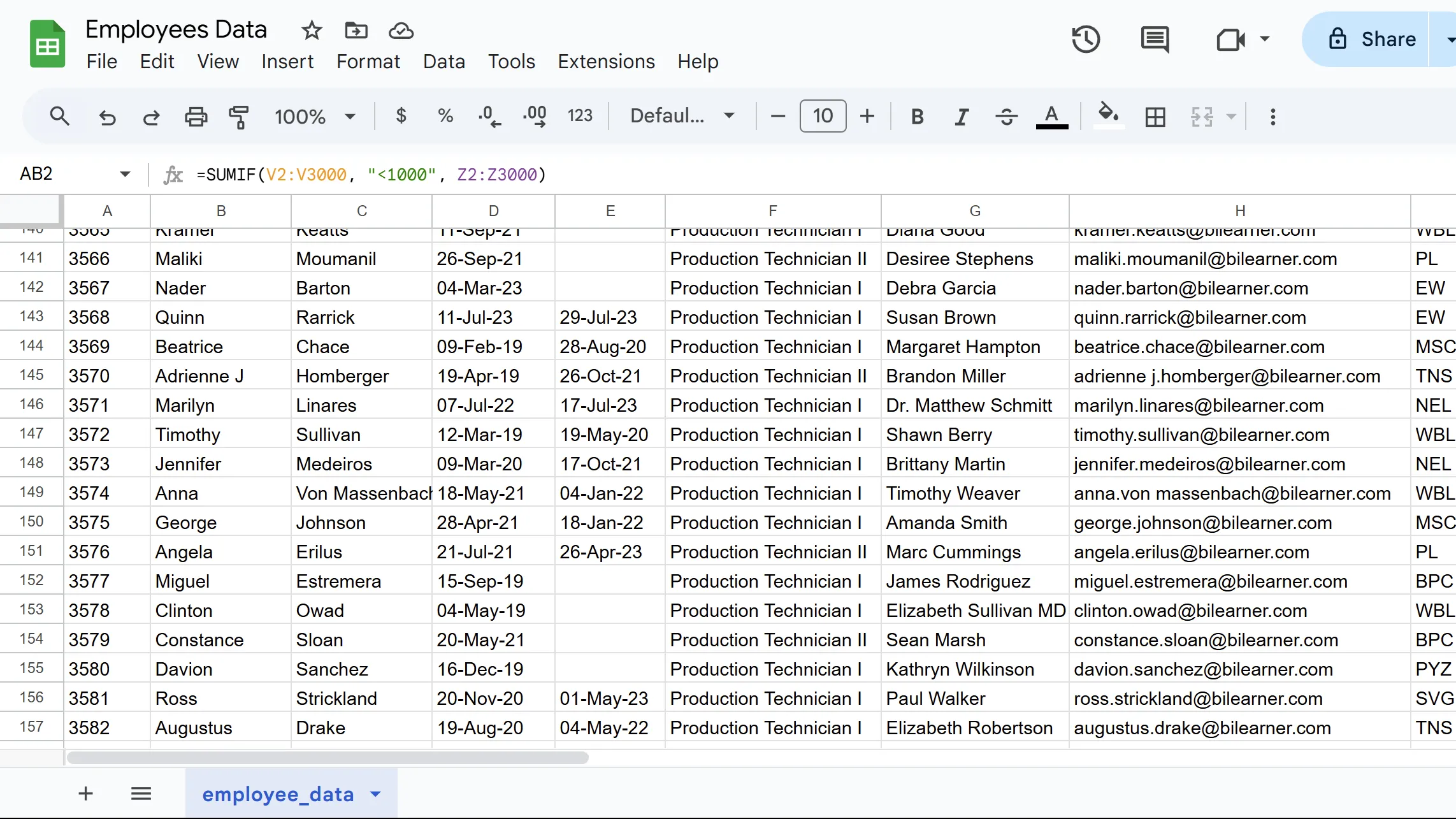 Kết quả hàm SUMIF trong Google Sheets minh họa tính tổng các giá trị trong cột Z dựa trên điều kiện các giá trị tương ứng ở cột V nhỏ hơn 1000.
