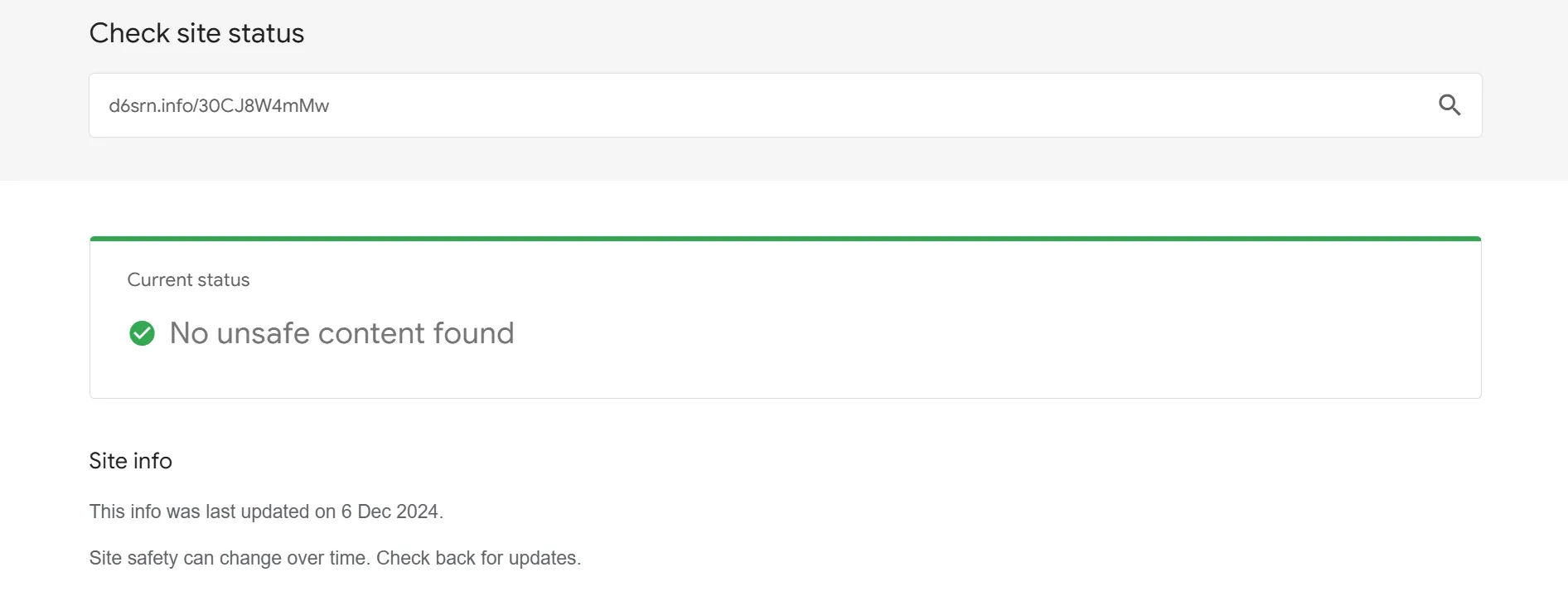 Kết quả kiểm tra trang web trên Google Safe Browsing cho thấy không tìm thấy nội dung độc hại, hỗ trợ xác định link an toàn.