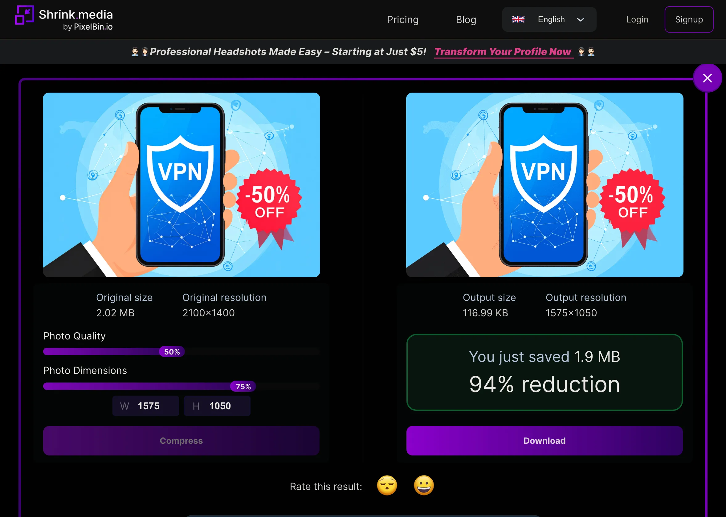 Kết quả nén ảnh trên công cụ Shrink.media cho thấy hiệu quả tối ưu
