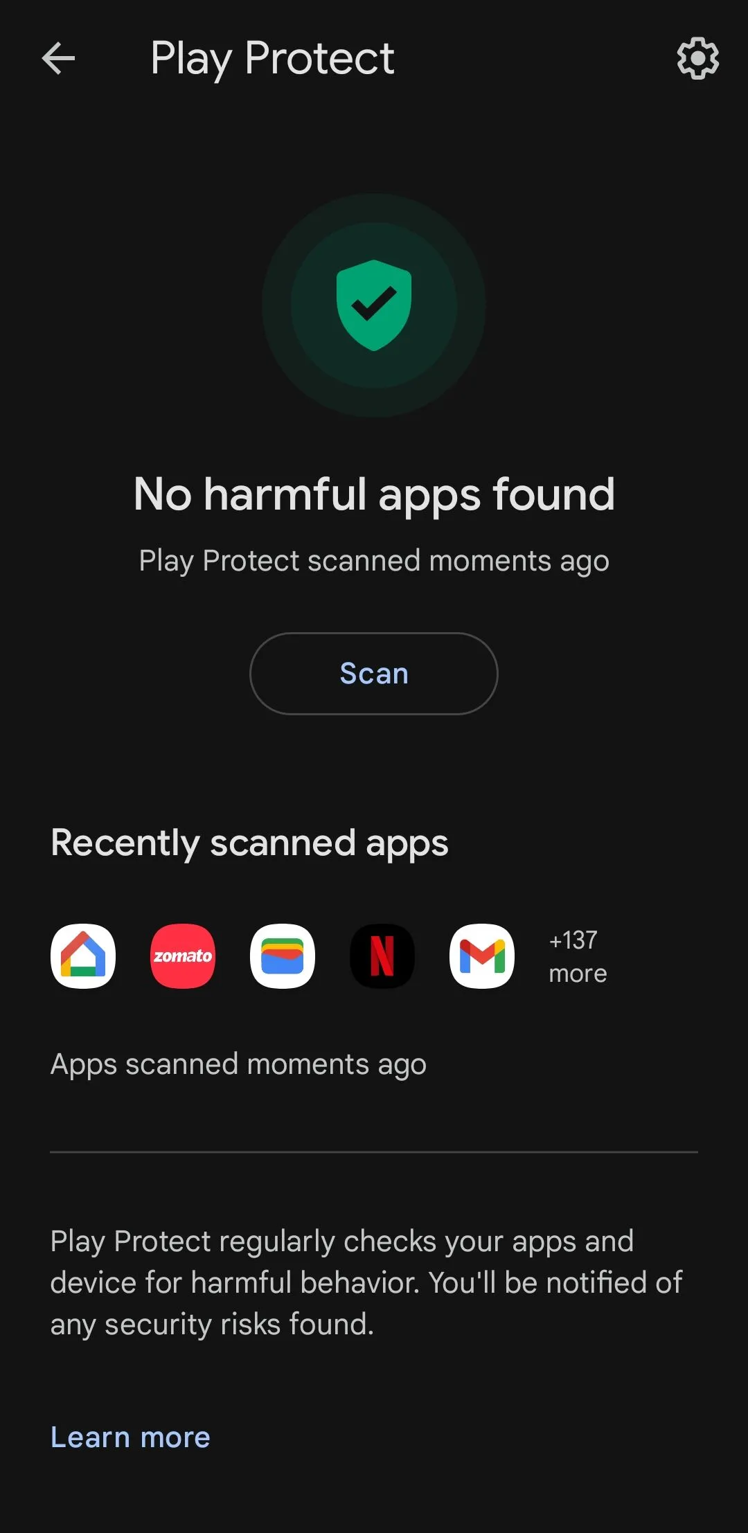 Kết quả quét của Google Play Protect trên Android, xác nhận không tìm thấy ứng dụng độc hại.